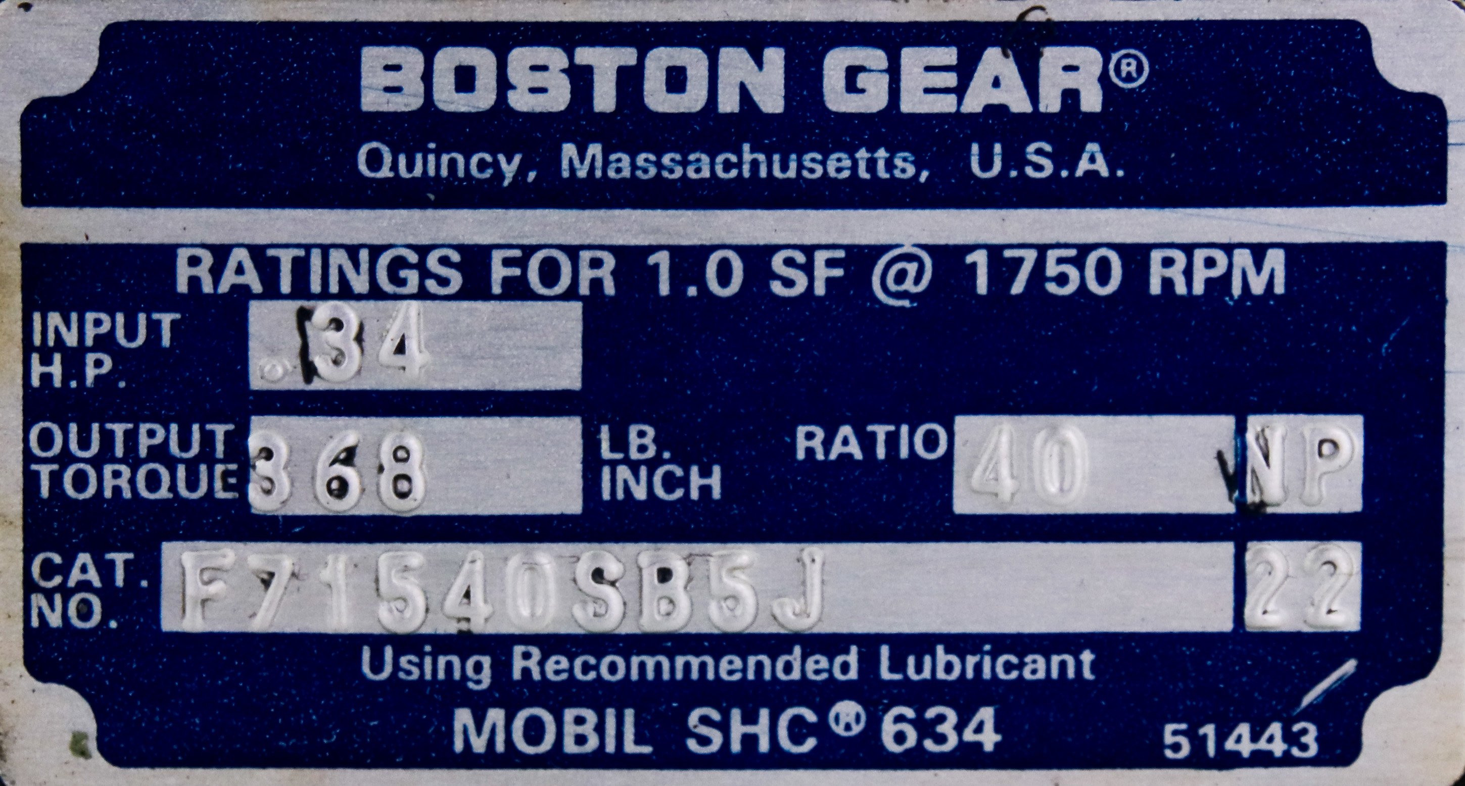 11640 BOSTON GEAR 700 SERIES GEAR SPEED REDUCER, 40:1, 0.34HP